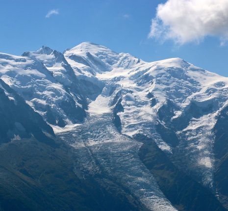 Paysage de montagne avec le glacier en fond et les sommets couverts de neige.