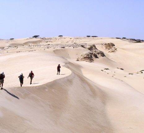 Dune de sable blanc d'Oman avec un groupe de randonneurs qui marche sur la crête