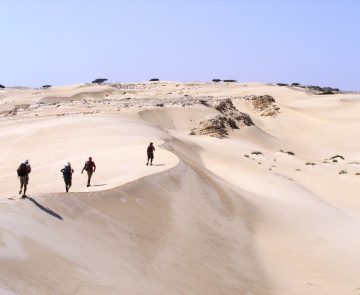 Dune de sable blanc d'Oman avec un groupe de randonneurs qui marche sur la crête