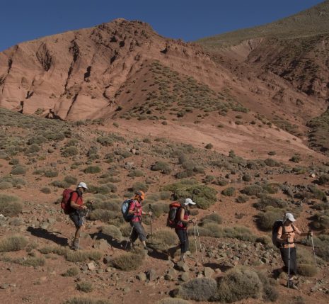 Groupe de randonneurs sur un sentier lors d'un trek de 15 jours au Maroc avec leur guide