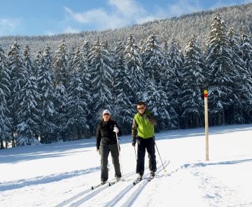 Deux randonneurs sur un sentier de ski de fond avec leur guide dans le Vercors