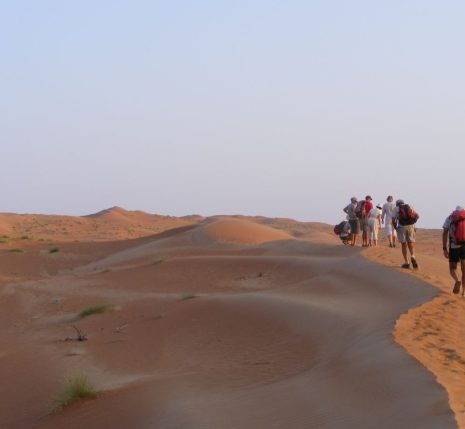 Un groupe de randonneurs dans le désert qui marchent au couché de soleil